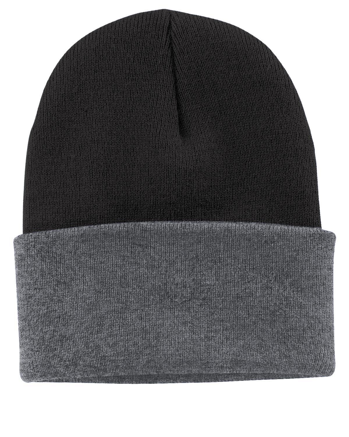 A knit cap featuring a black top and a grey cuff, with a logo on the side.