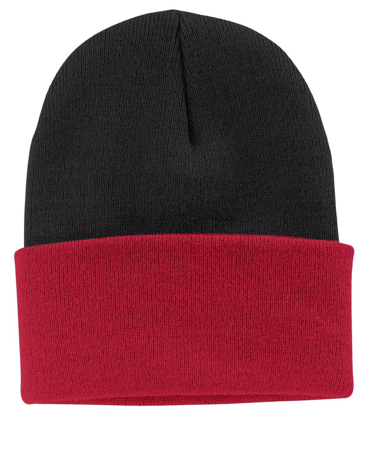 A beanie featuring a black top and a red cuff, with a branding logo on it.