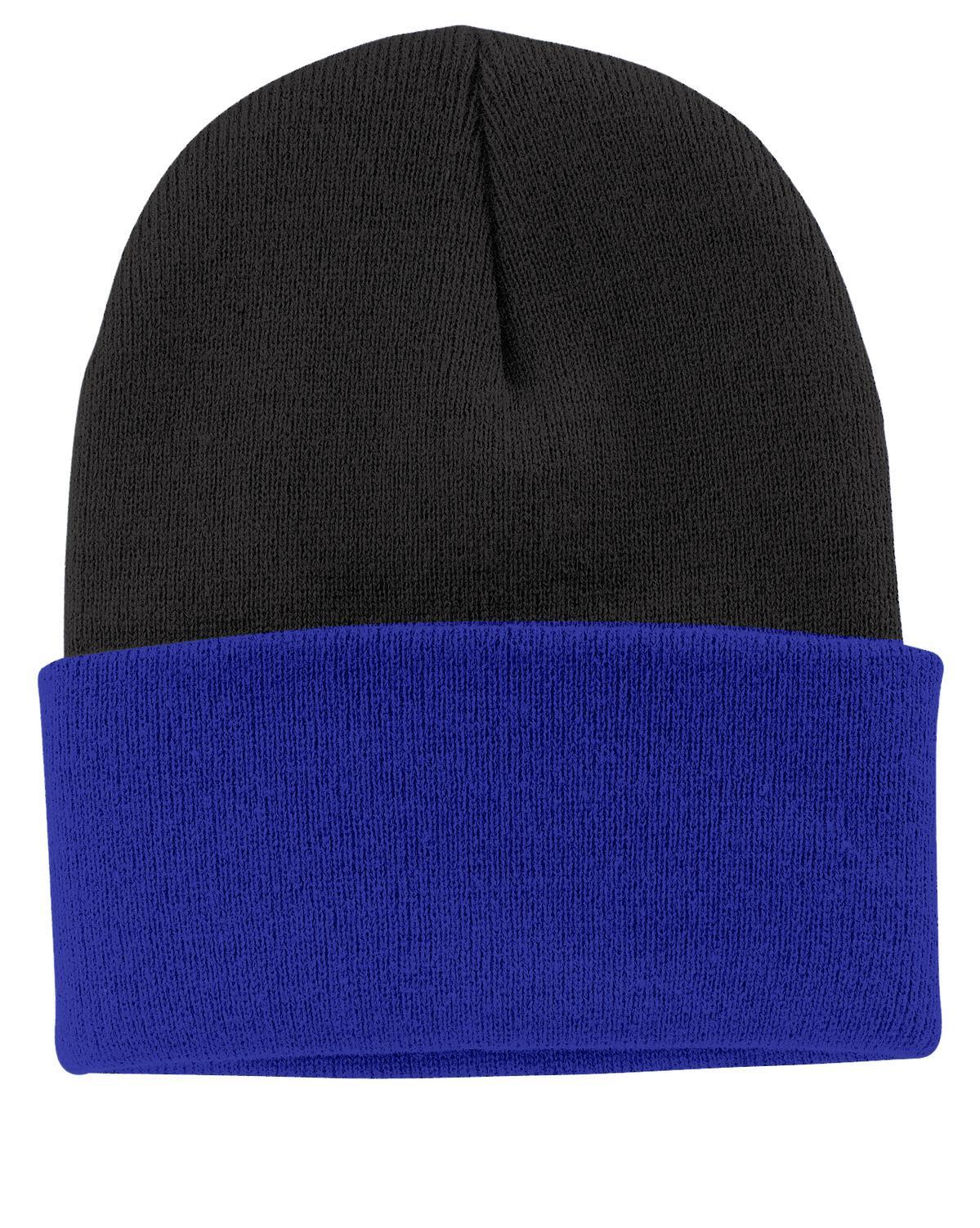 A black beanie with a blue cuff, featuring a logo on the front.