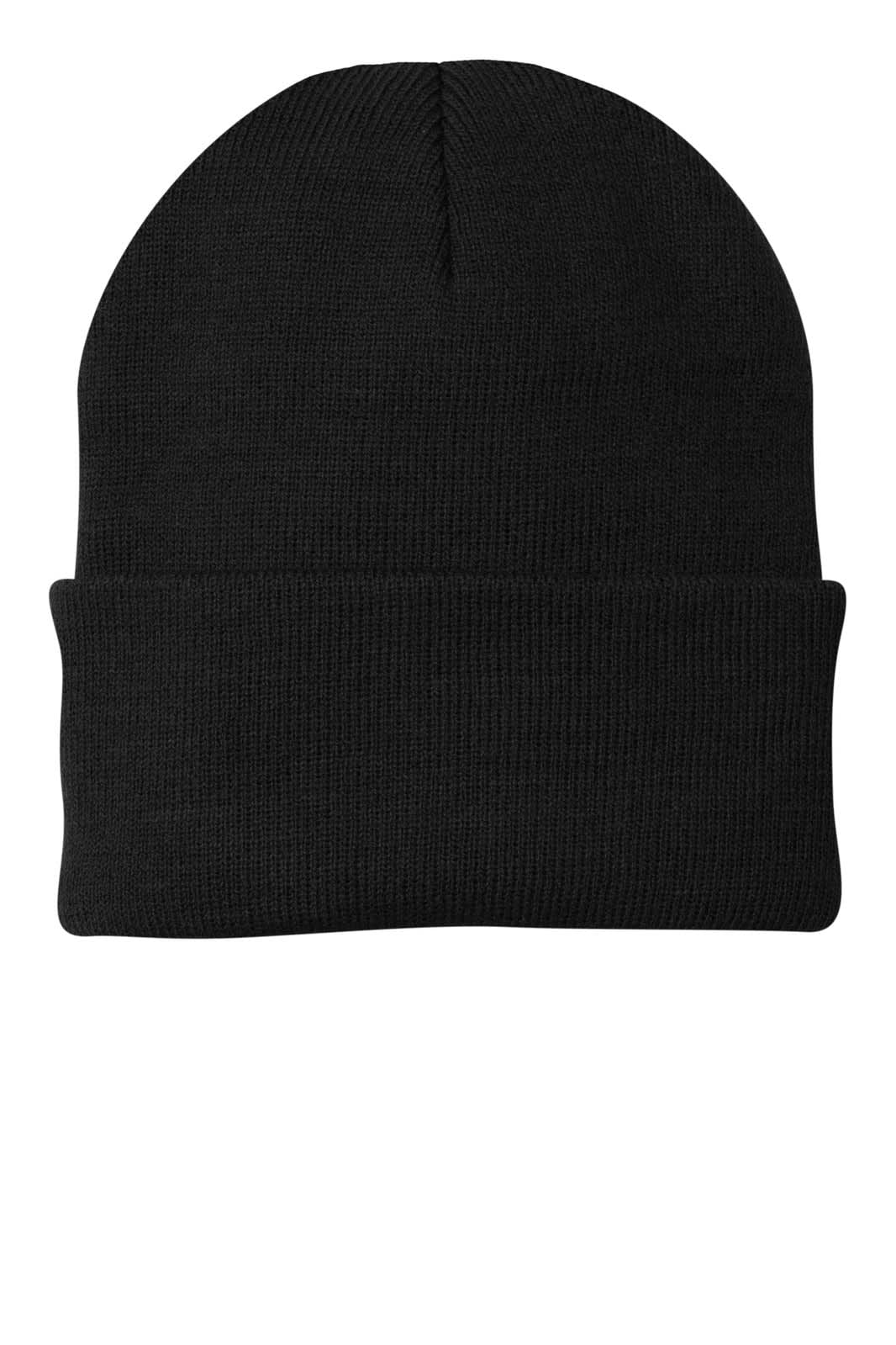A black knit beanie with a folded cuff, featuring a logo on one side.