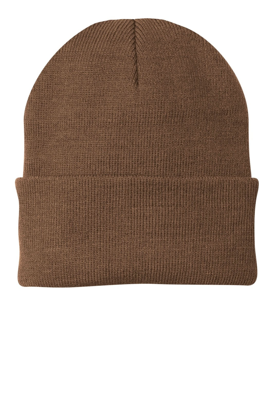 A brown knit cap with a cuffed hem and a seamless design. It features a logo on the side.
