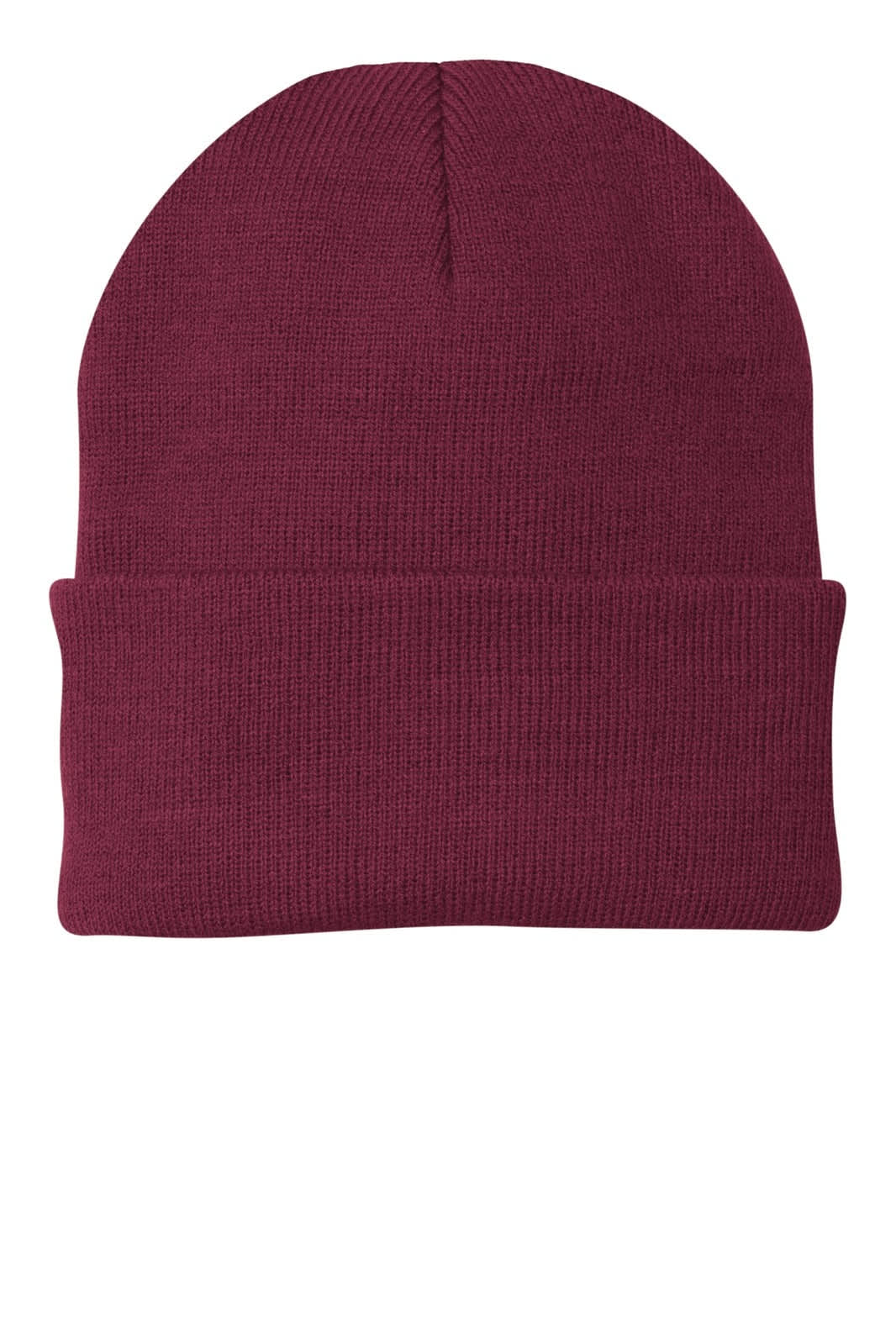 A maroon knit beanie featuring a fold-over cuff and a logo on one side.
