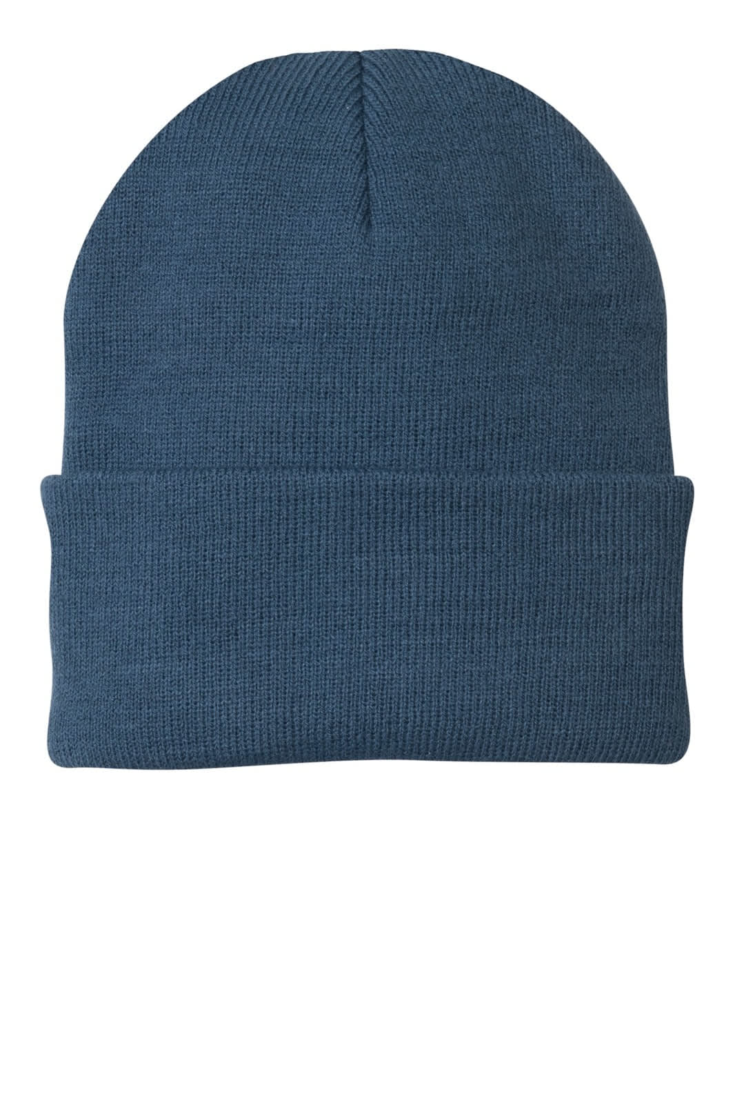 A blue knit beanie with a folded cuff, featuring a logo. Perfect for headwear in cooler weather.