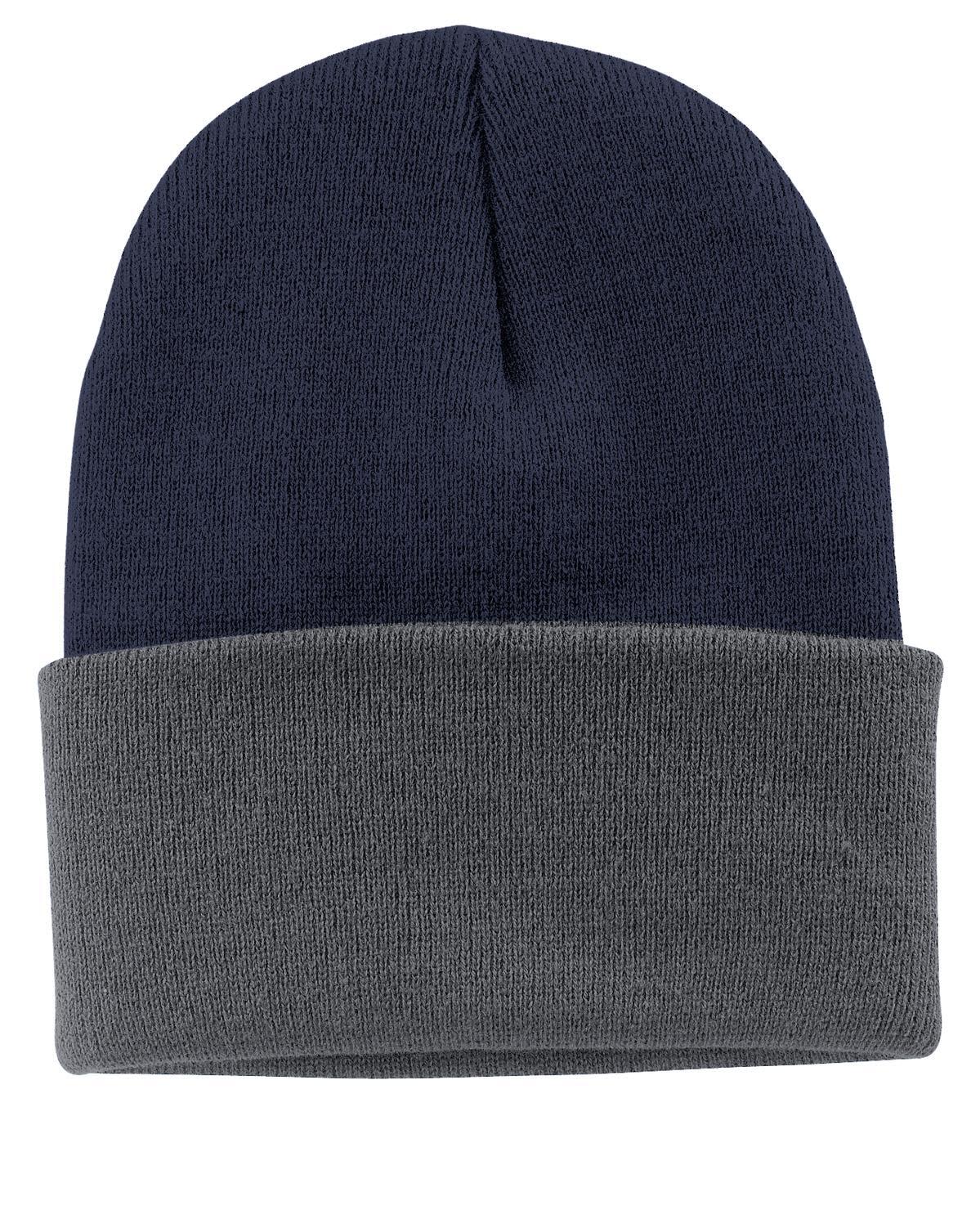 A navy blue knit cap with a grey cuff, featuring a logo on the front.