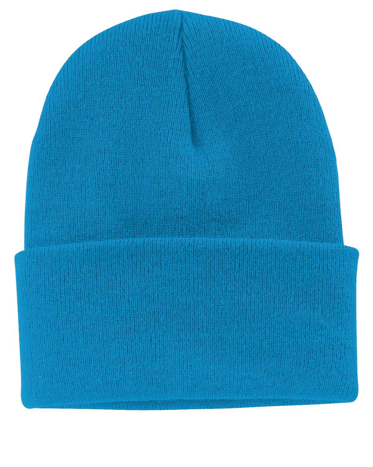 A bright blue knit cap with a rolled cuff and a smooth texture. It features a logo on the side.