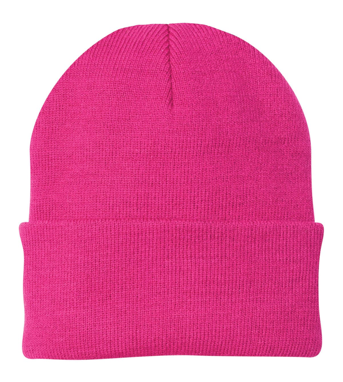 A bright pink knit beanie featuring a cuffed design and a logo on the front.