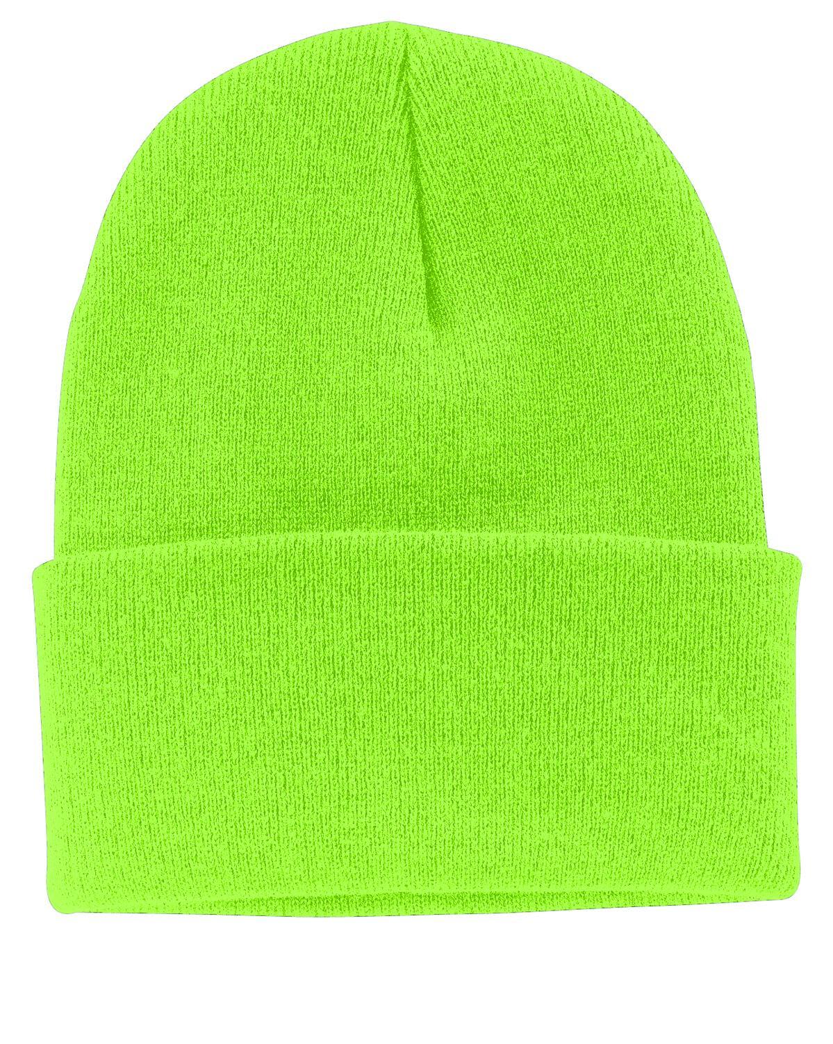 A bright green knit cap with a folded brim and a textured appearance, featuring a logo.