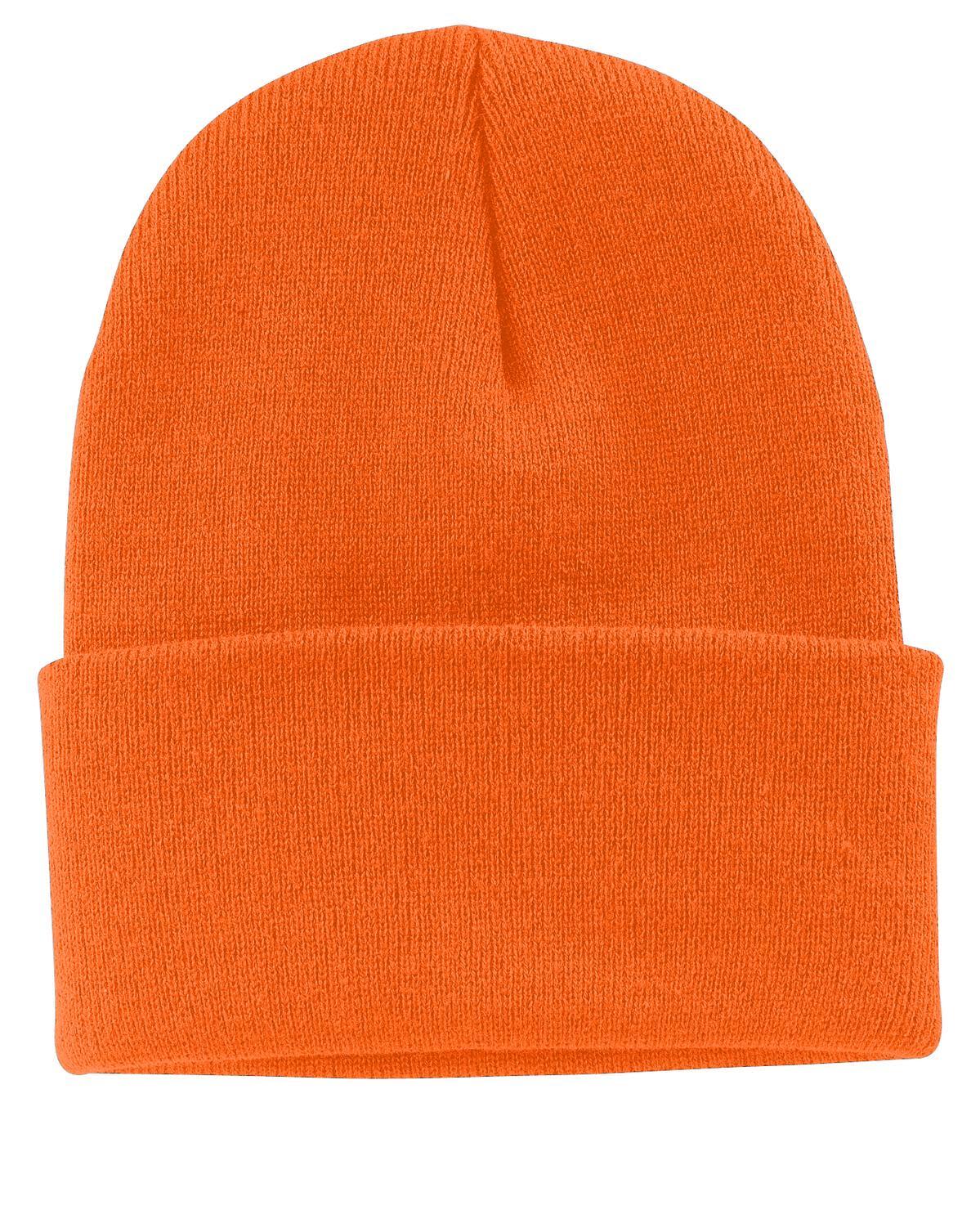 An orange knit beanie with a folded cuff and a simple design, featuring a logo on the side.
