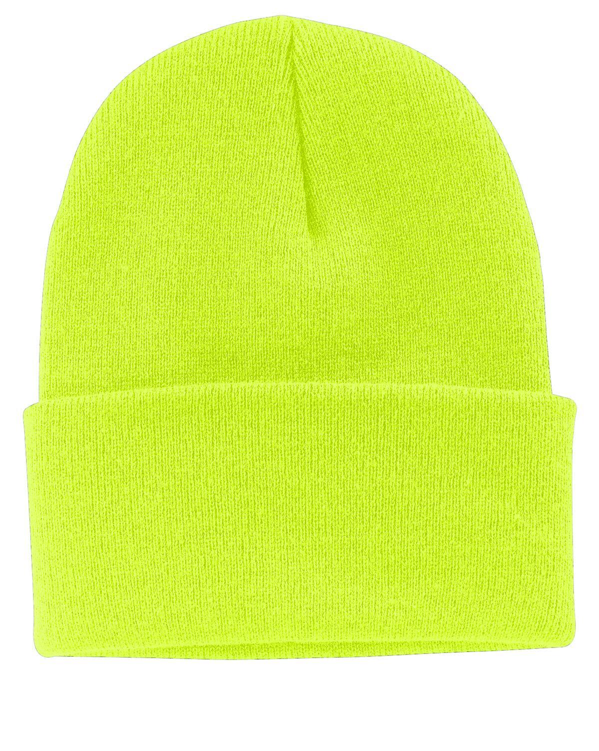 A bright neon yellow knit cap with a folded brim and a textured finish, featuring a logo on the side.