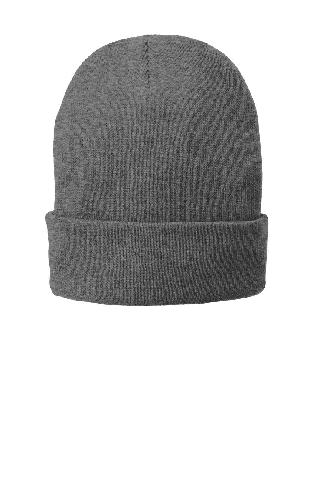 A grey fleece-lined knit cap with a rolled cuff and a simple design, featuring a logo.