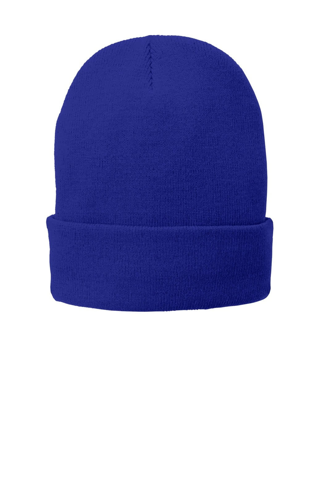 A blue fleece-lined knit cap with a rolled cuff and a simple design. It features a logo on one side.