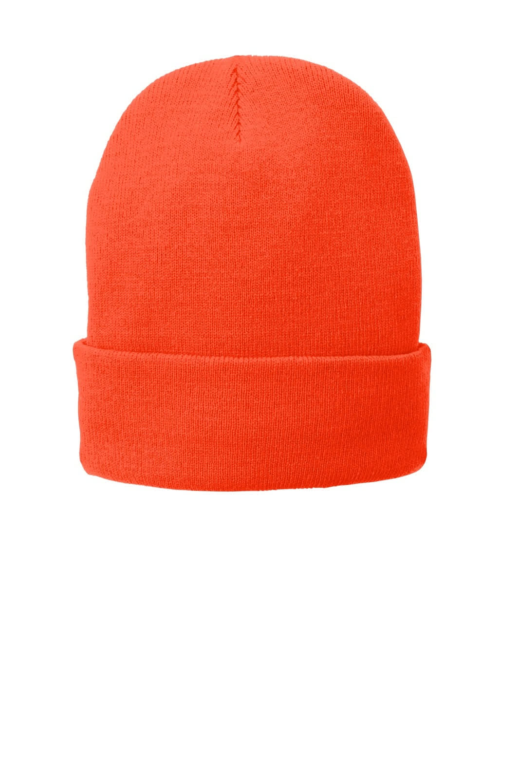 An orange fleece-lined knit cap with a folded brim, featuring a logo. Suitable for cold weather wear.