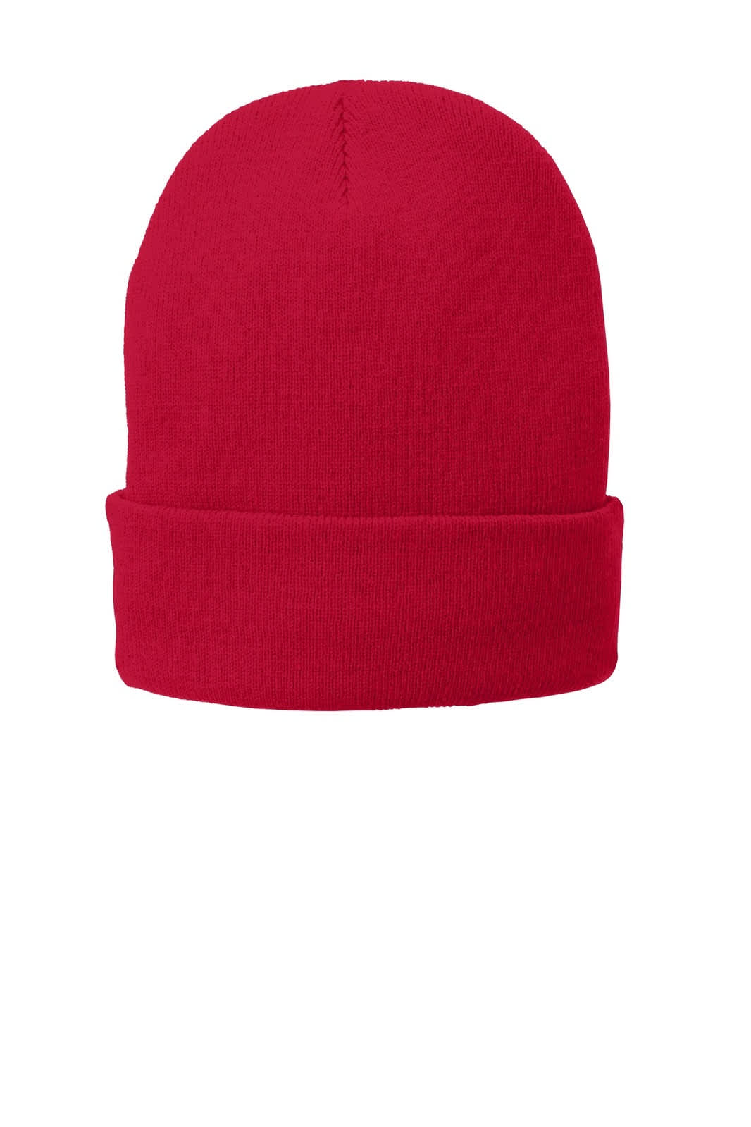 A red fleece-lined knit cap with a turned-up brim, featuring a branding logo. Suitable for cold weather.