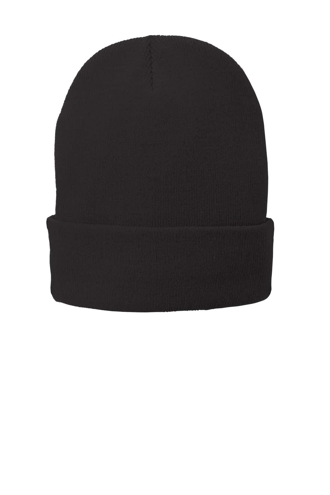 A black fleece-lined knit cap with a cuffed design and a logo on it.