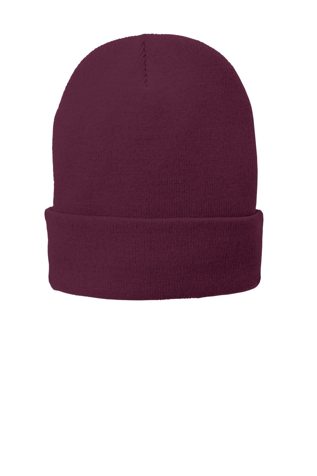 A burgundy fleece-lined knit cap featuring a fold-over cuff and a branding logo.