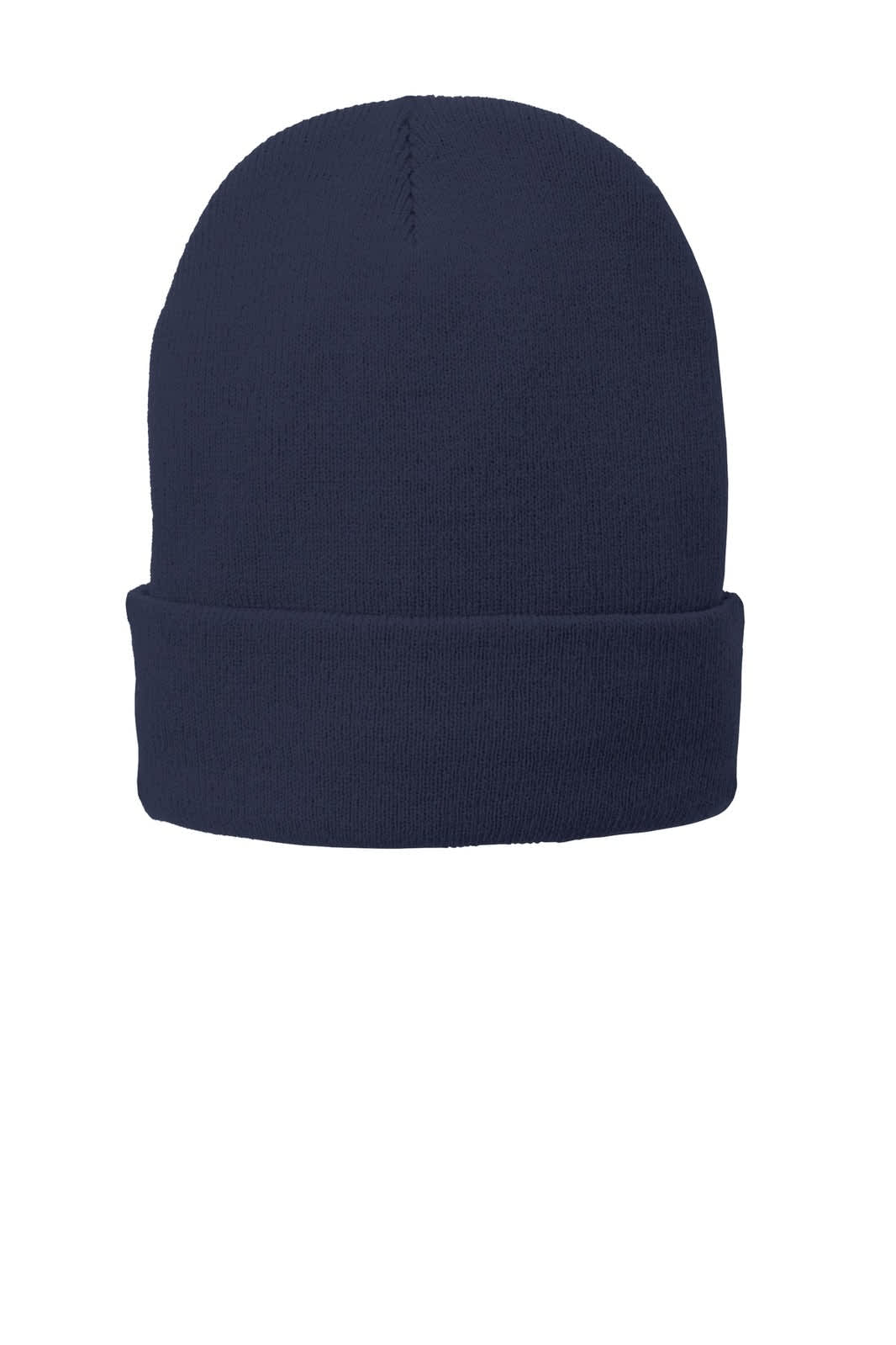 A navy blue fleece-lined knit cap with a folded cuff and a plain design, featuring a logo on the side.