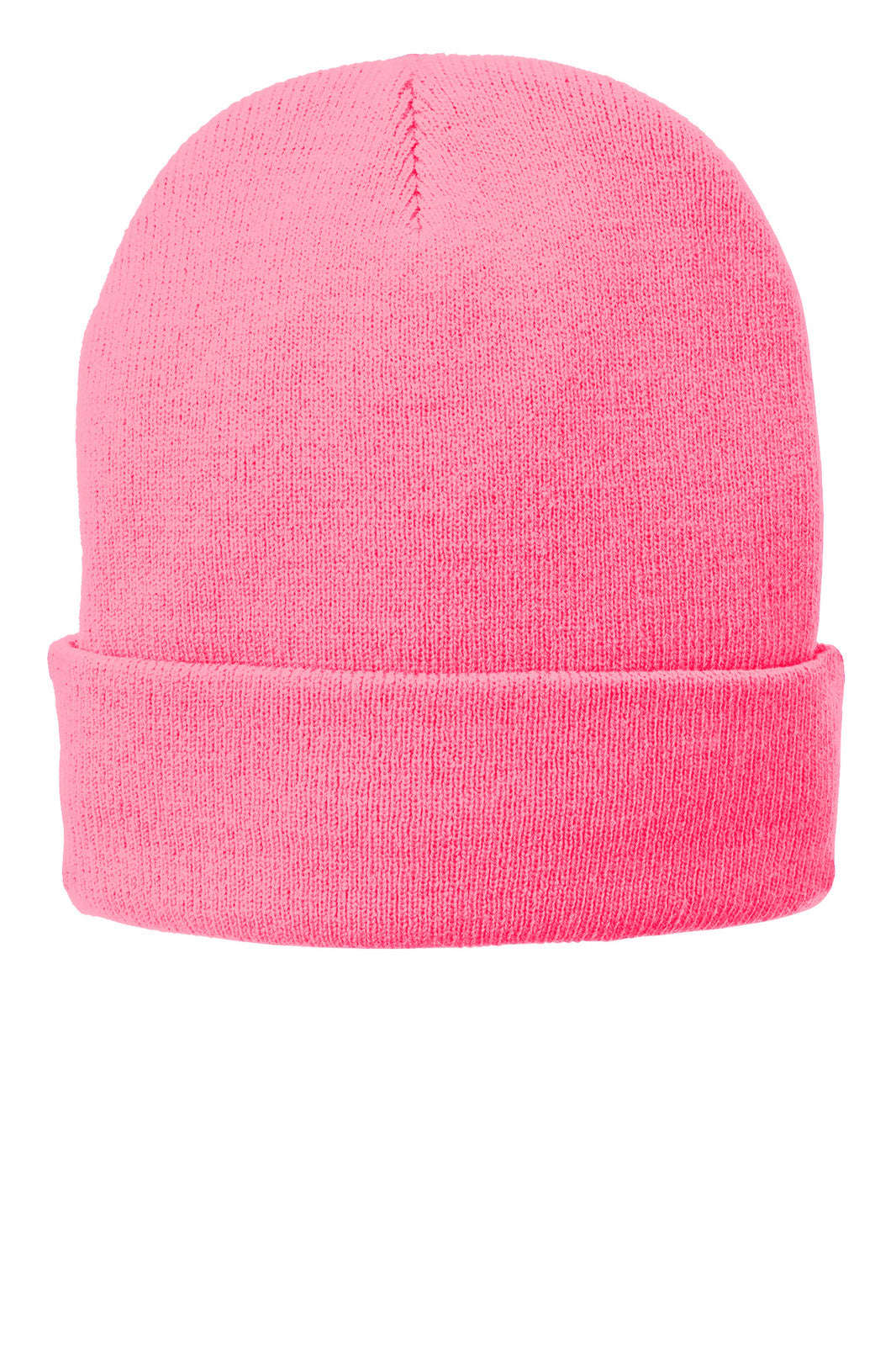 A pink fleece-lined knit cap with a rolled cuff, featuring a logo. Ideal for headwear needs.