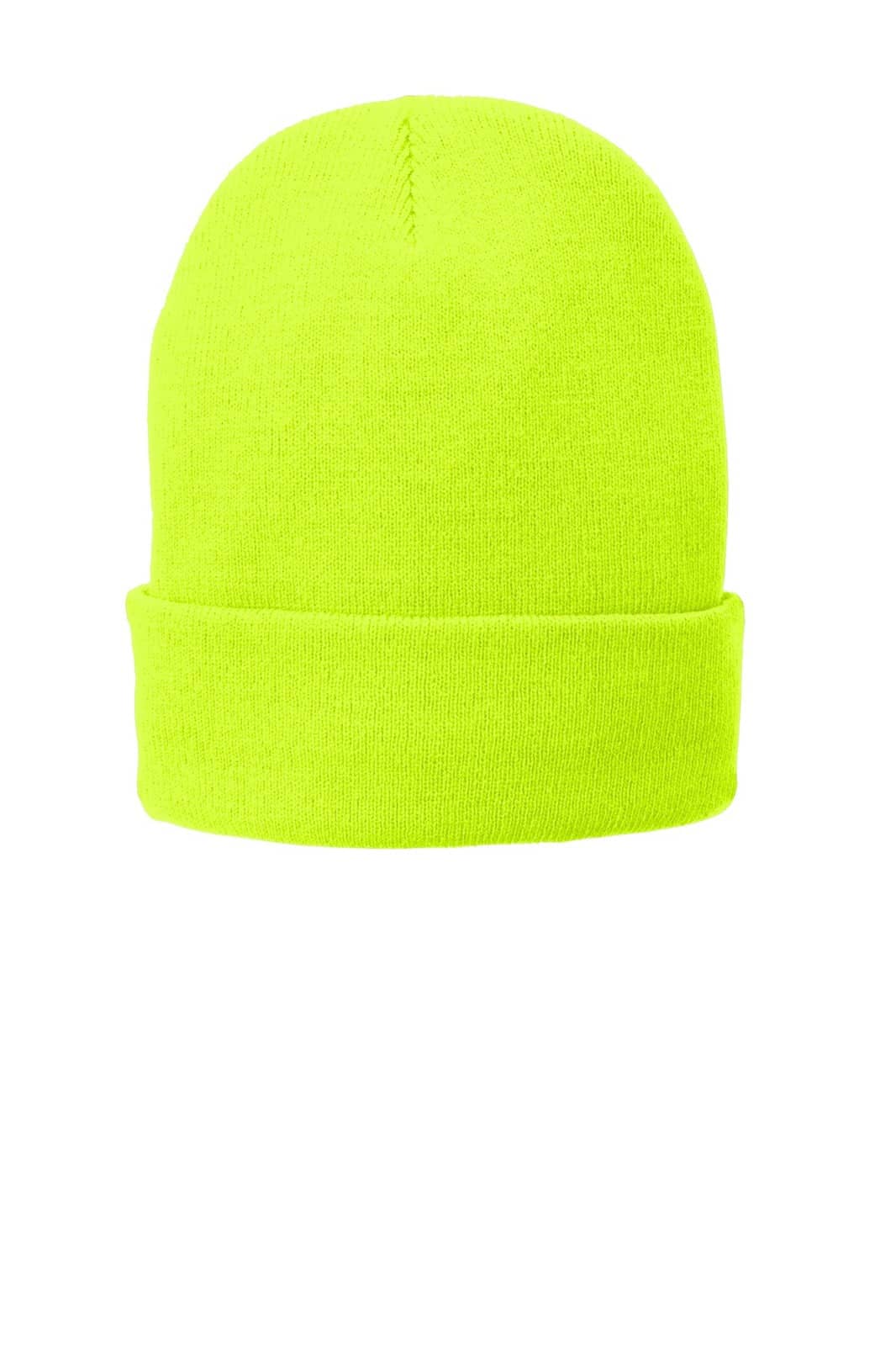A bright yellow fleece-lined knit cap with a rolled cuff and a logo. Ideal for warmth and style.