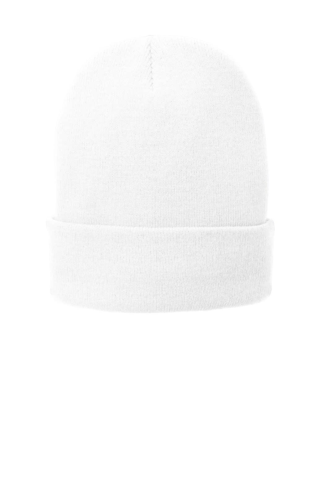 A white fleece-lined knit cap with a folded brim and a logo. Perfect for warmth and comfort.