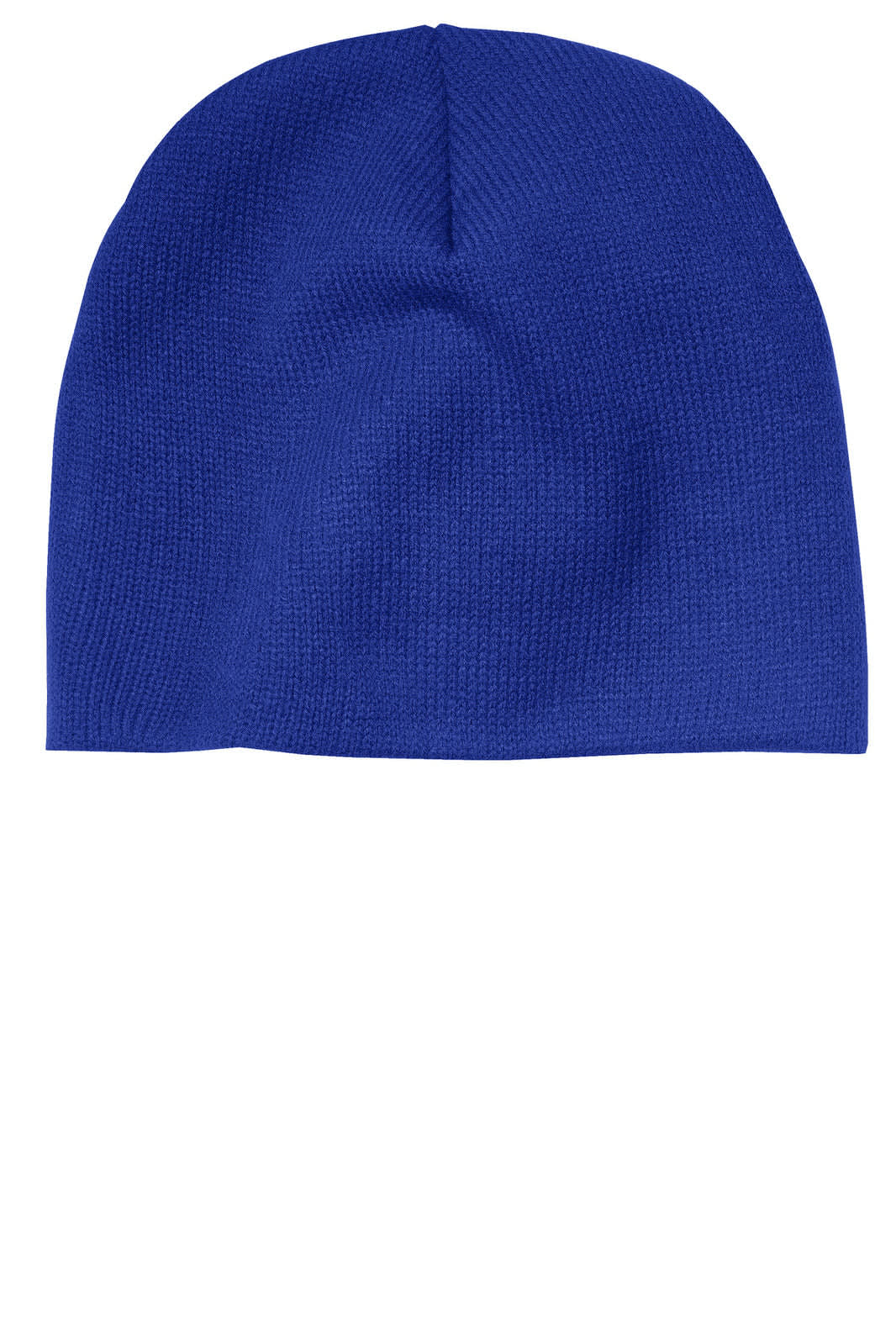 A blue beanie cap with a textured finish, featuring a logo on one side.