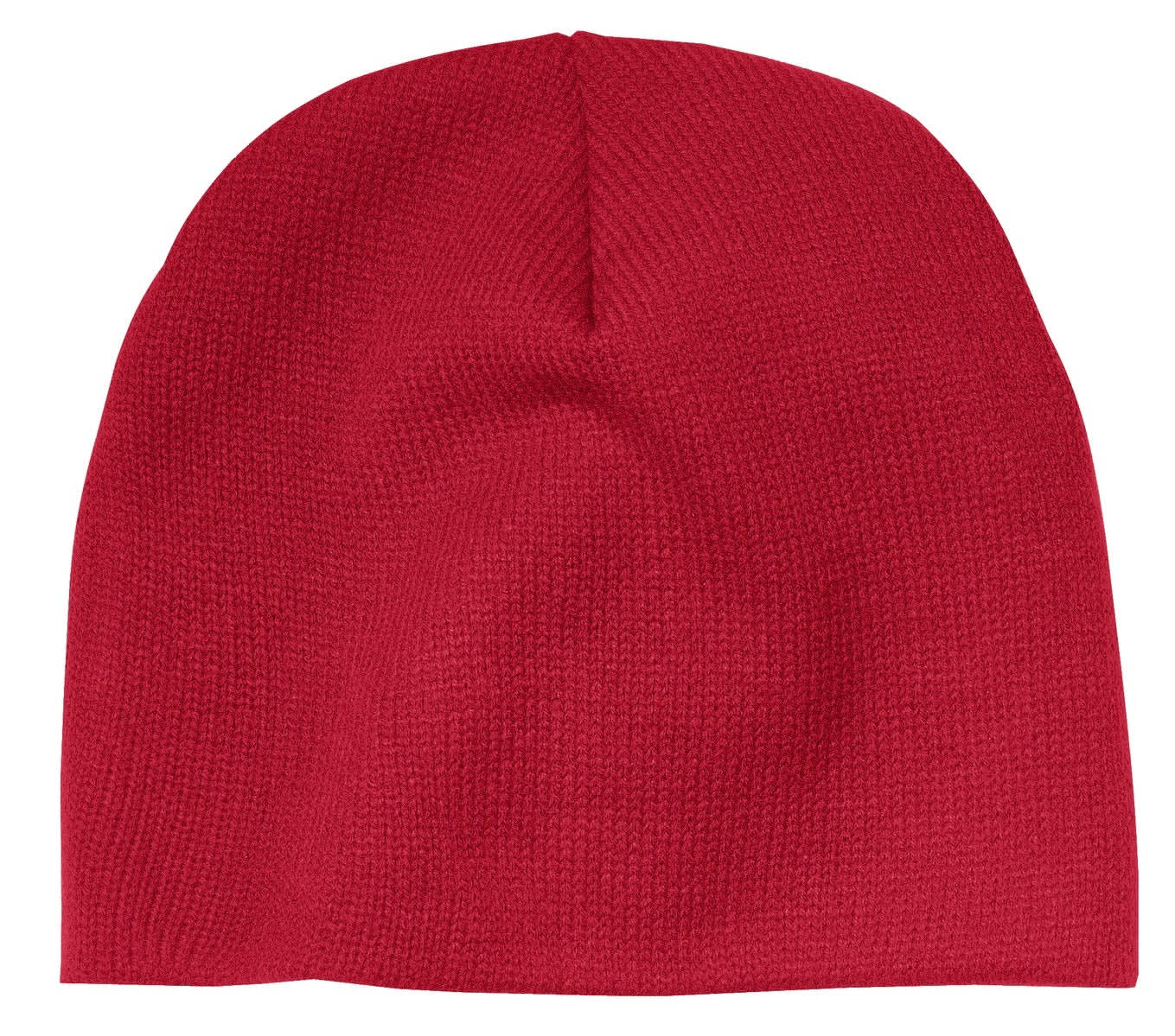 A red beanie cap with a textured knit finish, featuring a logo.