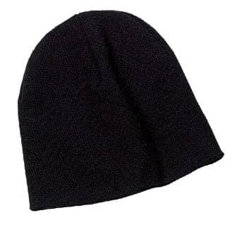A black beanie cap with a soft texture, featuring a logo on the side.
