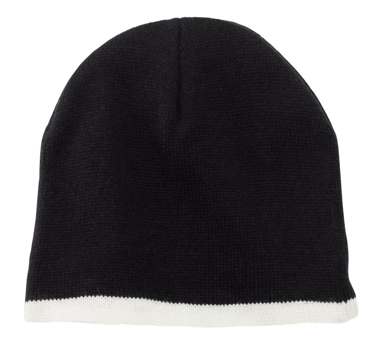 A black beanie cap with a white band at the bottom, featuring a logo.