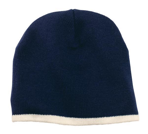 A navy blue beanie cap with a white trim and a simple logo on the side.