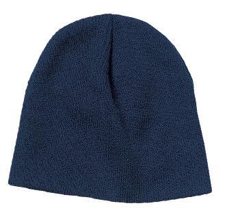 A navy blue beanie cap with a textured appearance and a logo on the side.
