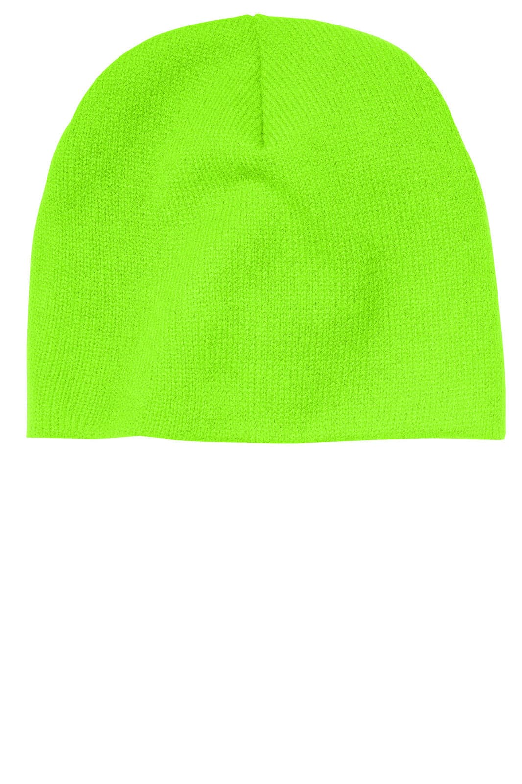 A bright neon green beanie cap featuring a textured knit pattern and a logo on the side.