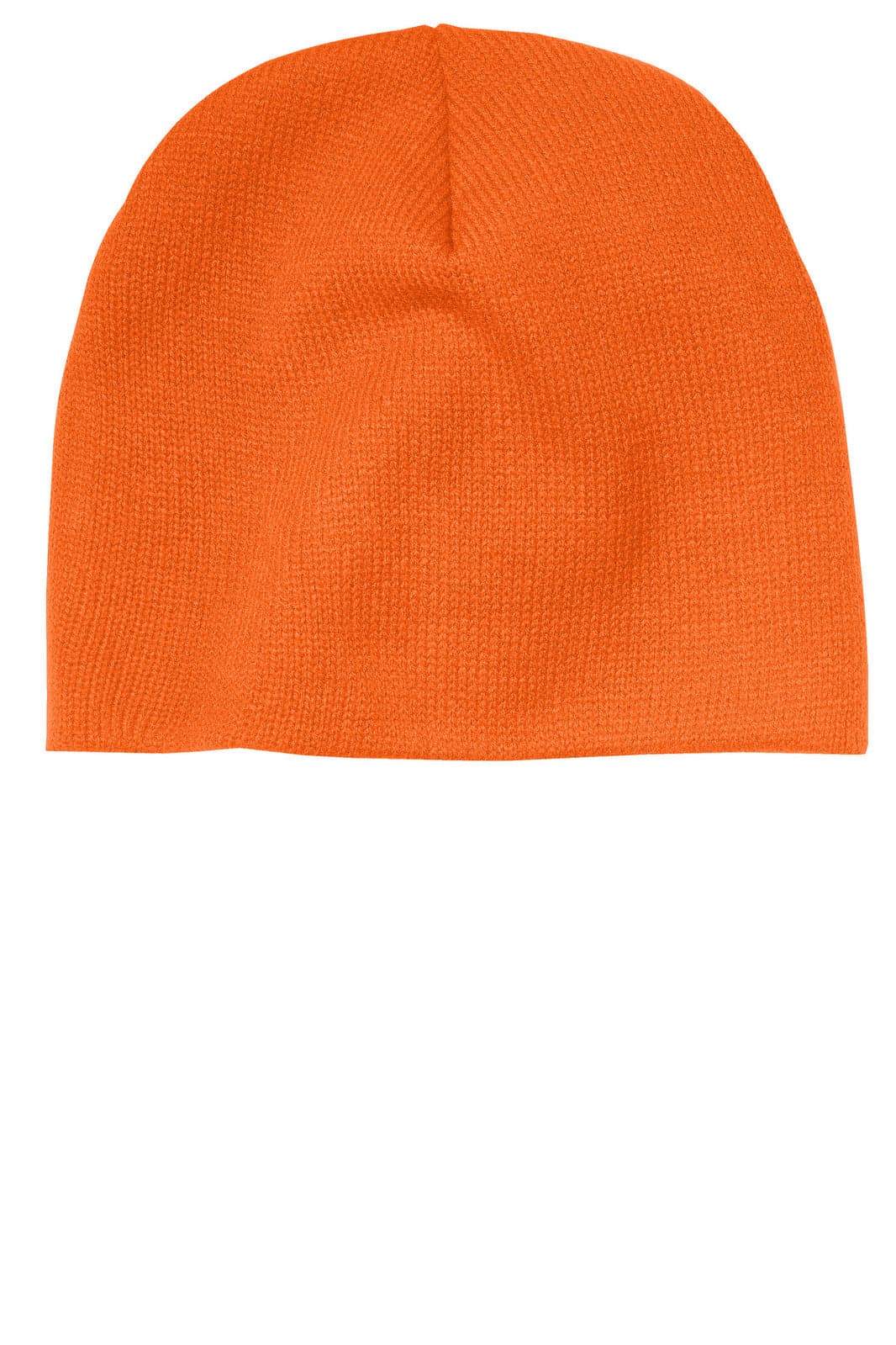 An orange beanie cap made of textured material, featuring a simple design and a logo.
