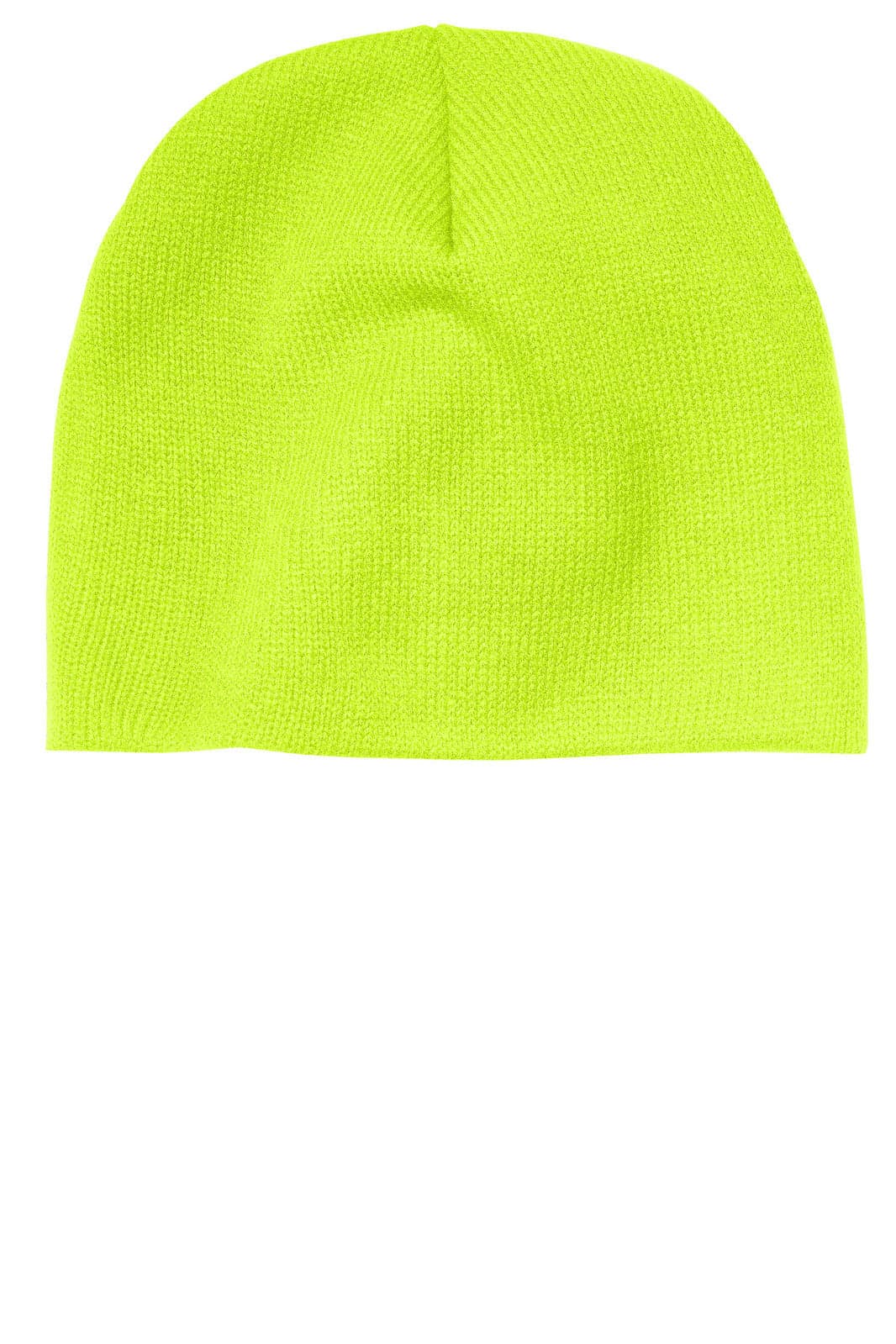 A bright neon yellow beanie cap with a textured knit design and a rounded top.