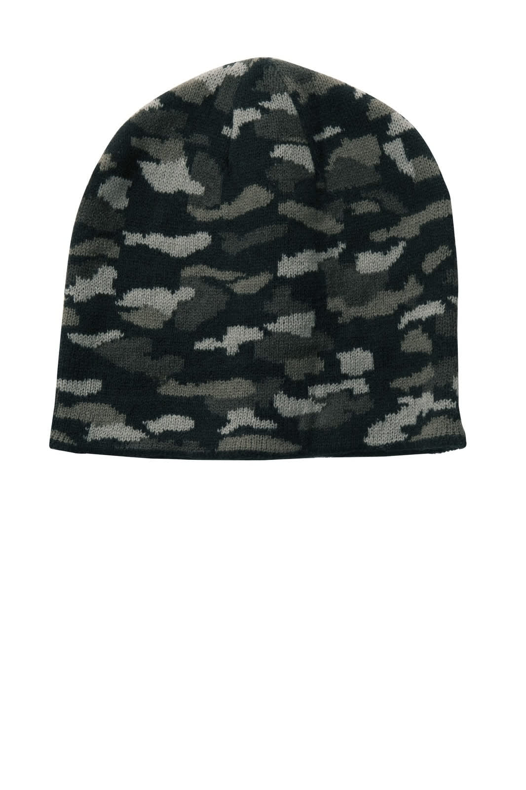 A camo beanie cap featuring shades of green and grey, with a knitted texture and a logo.