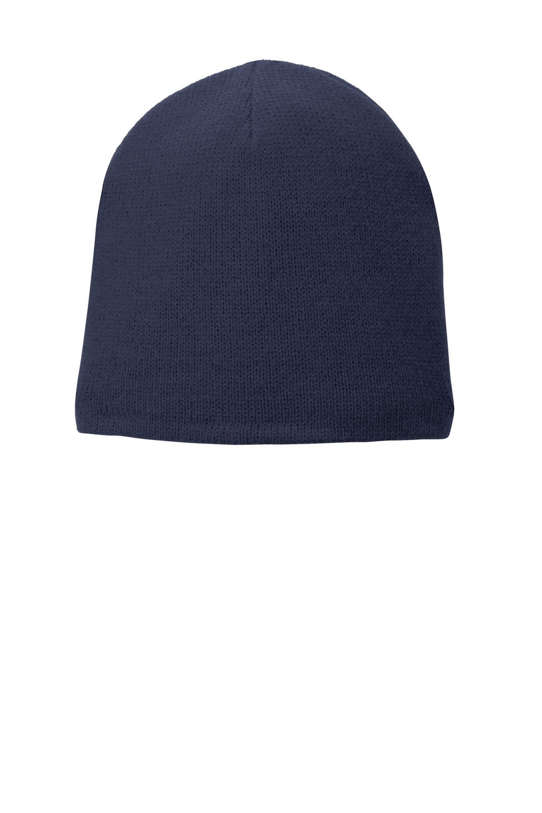 A navy fleece-lined beanie cap featuring a smooth, fitted design and has a logo on it.