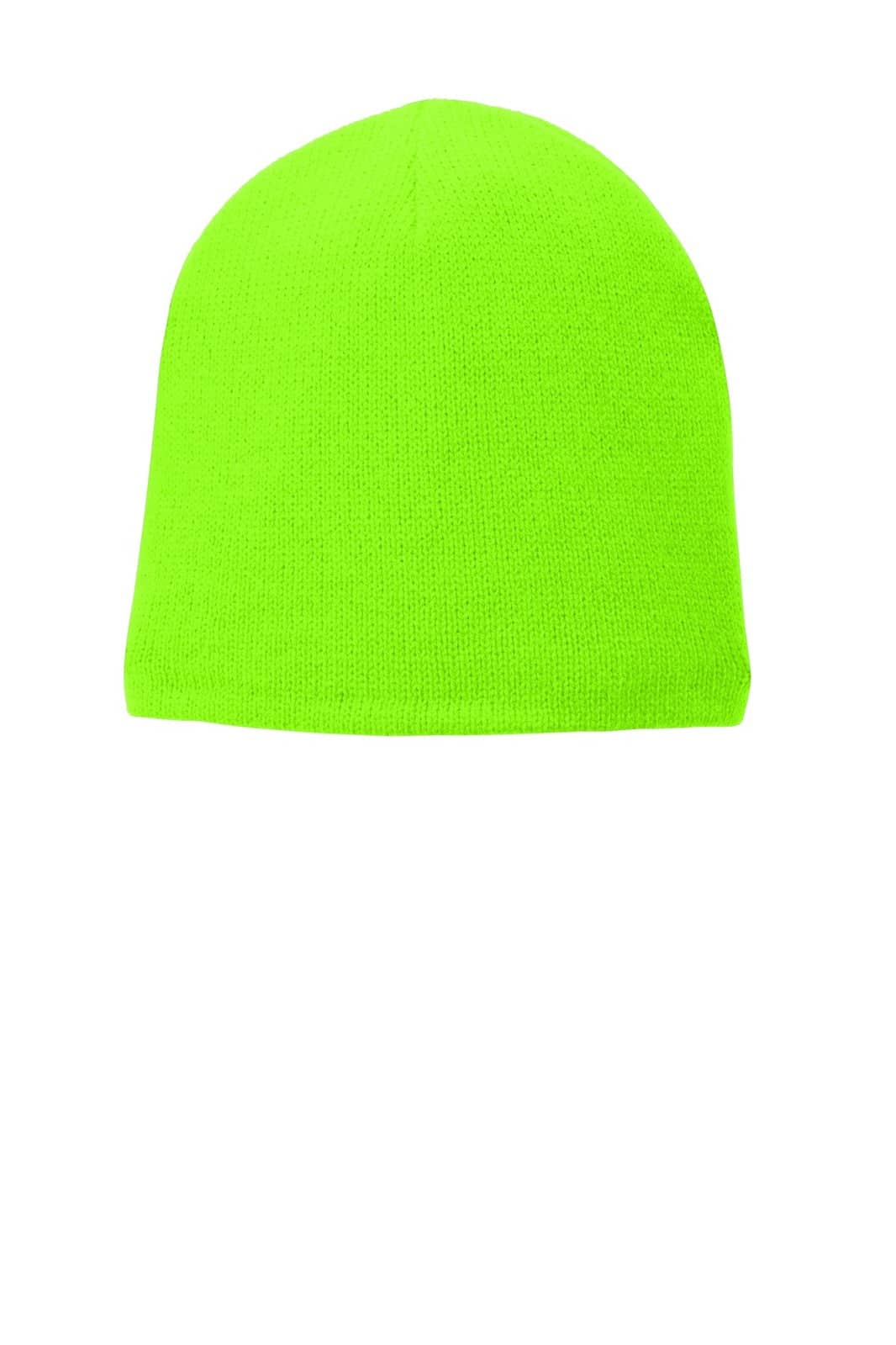 A bright green fleece-lined beanie cap with a seamless design and no visible logos.