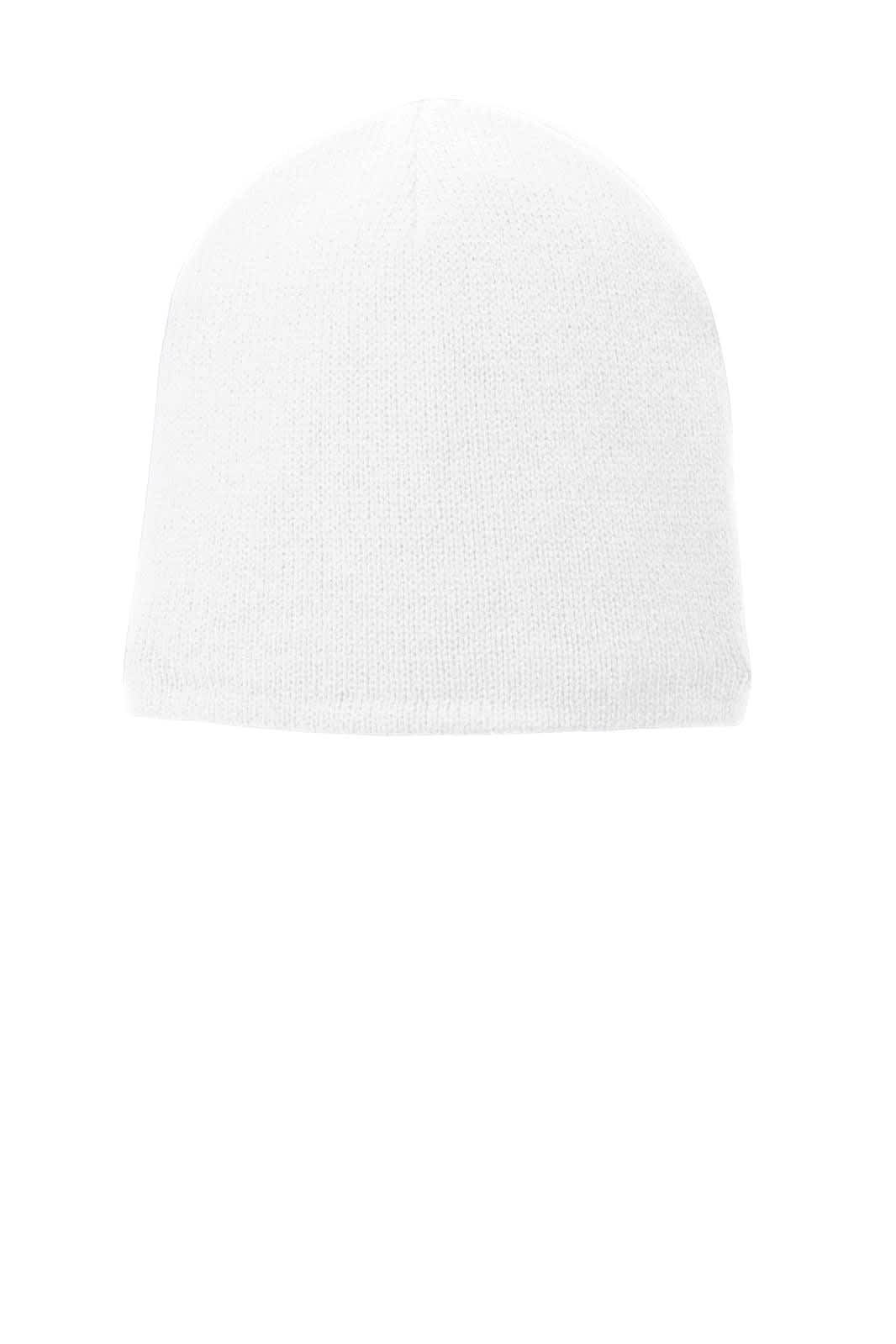 A white fleece-lined beanie cap with a simple, smooth texture and a rounded top, featuring a logo.