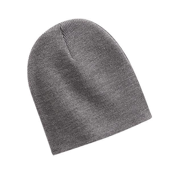 A grey knit skull cap with a fitted design, featuring a branding logo.