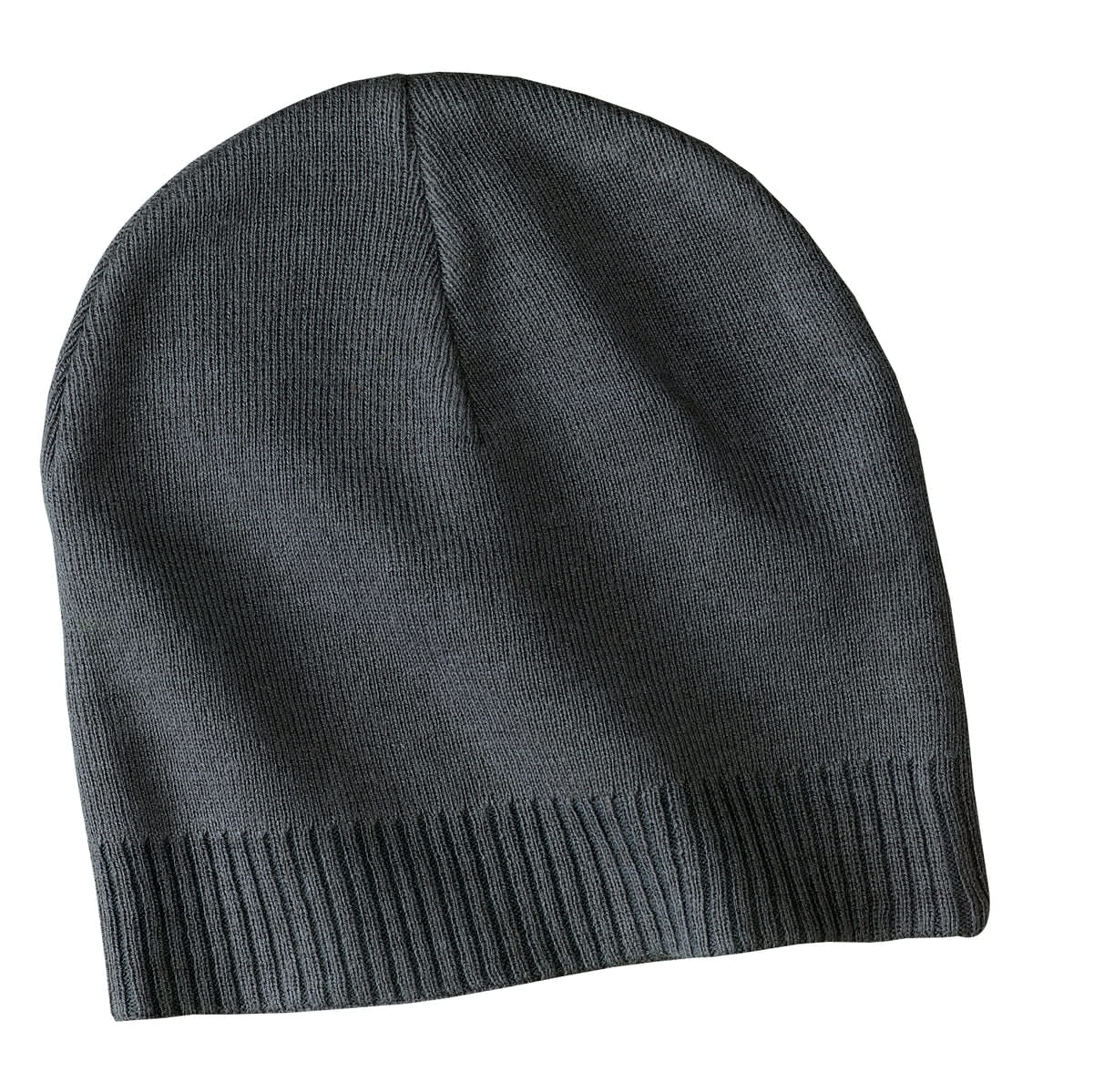 A grey Port Authority 100% cotton beanie with a ribbed cuff and a simple design. It features a branding logo.