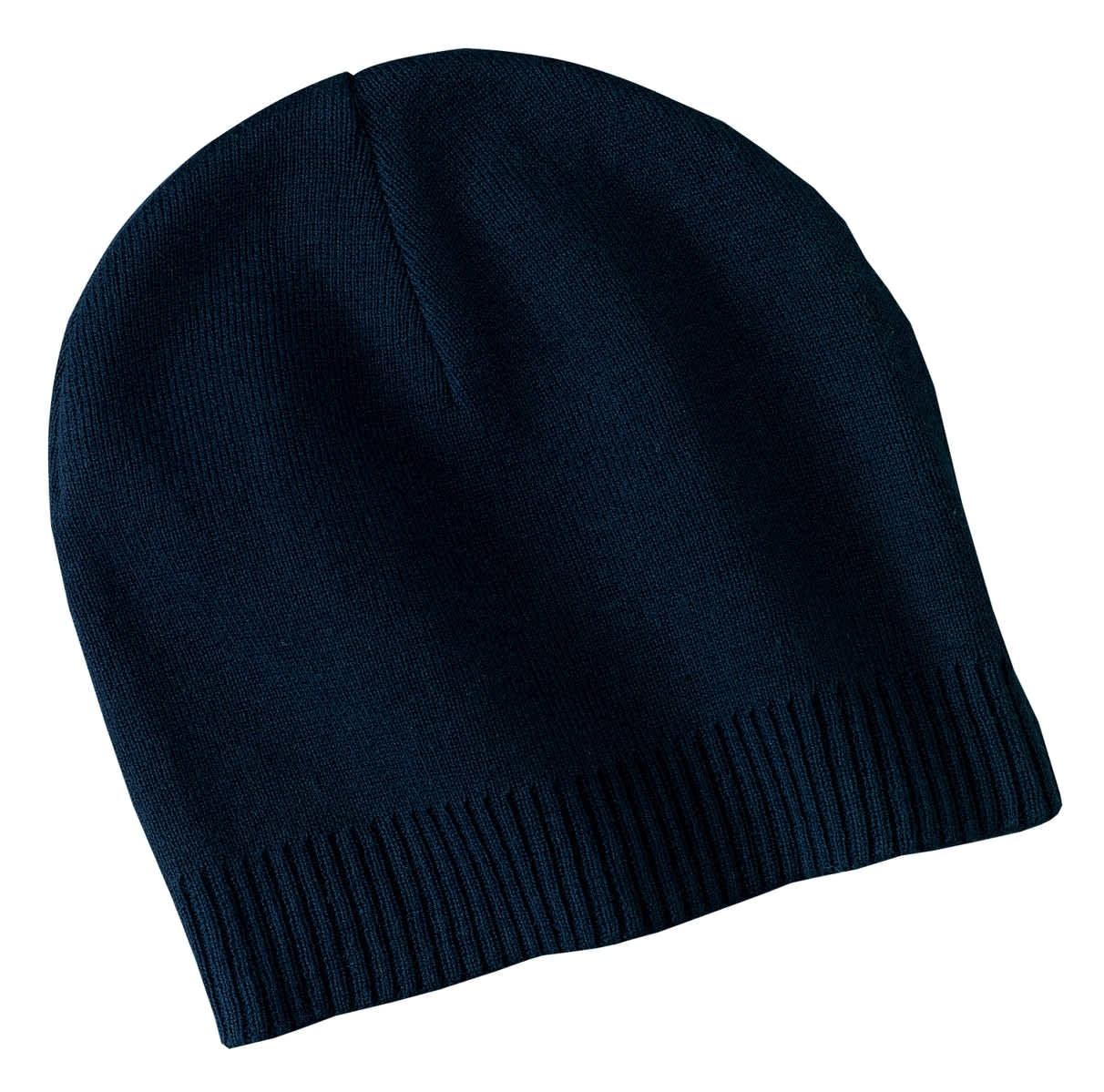 A navy blue beanie with a ribbed brim and a smooth top, featuring a logo on one side.