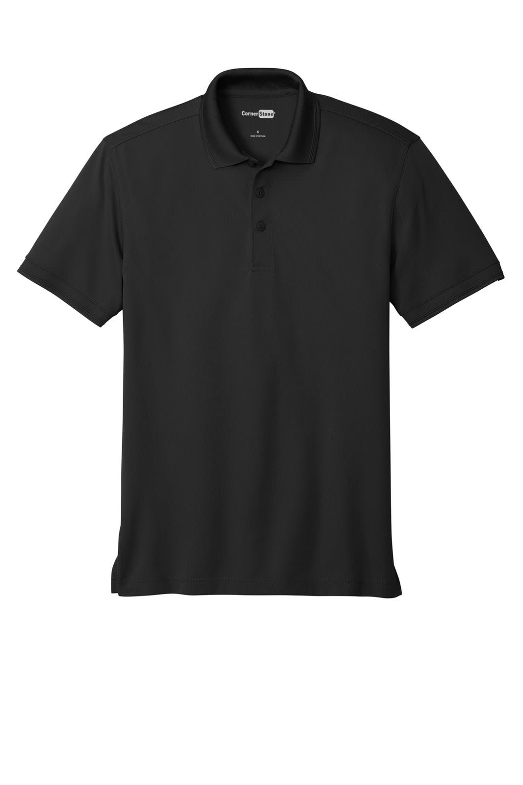 A black pique polo shirt with a collar and three buttons, featuring a logo on the side.