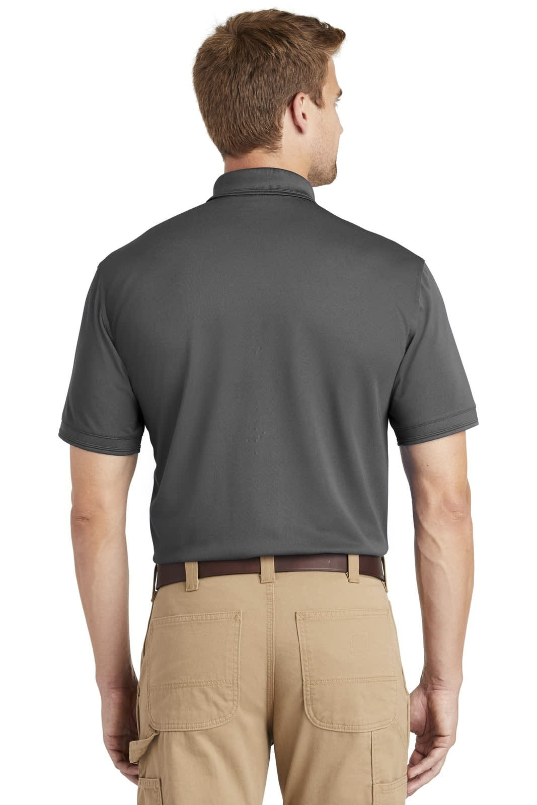 A man wearing a dark grey polo shirt, viewed from the back, with short sleeves and a collar.