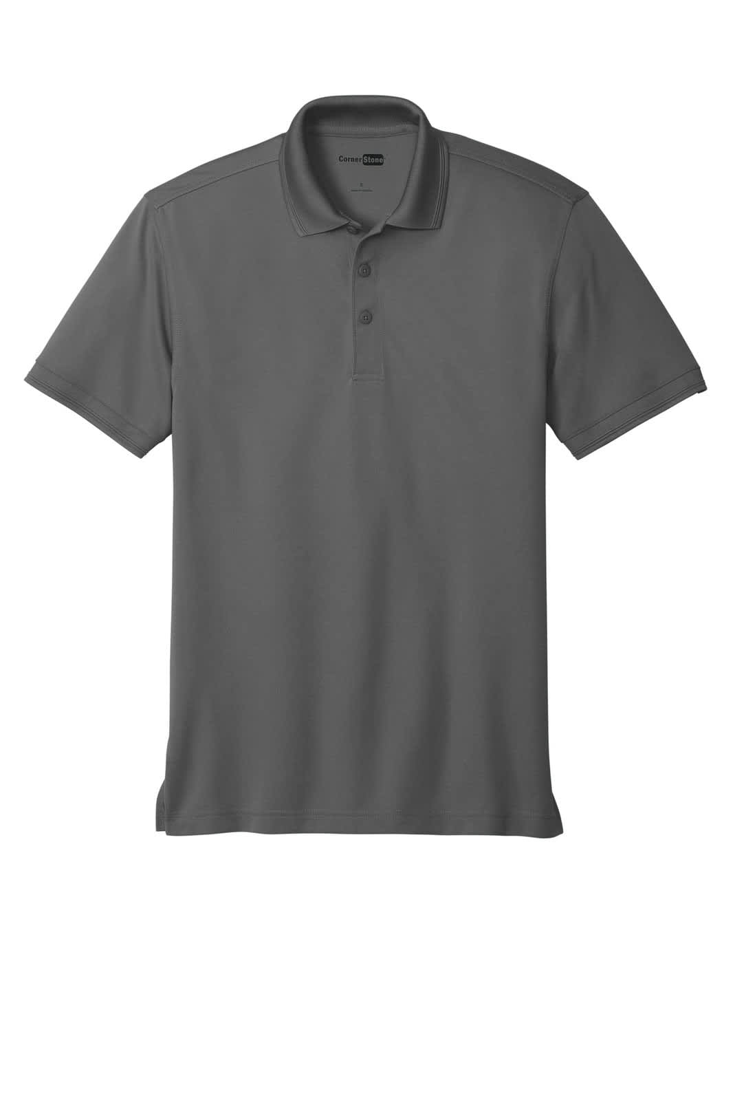 A grey polo shirt with a collar and three buttons, featuring a logo on the upper left side.