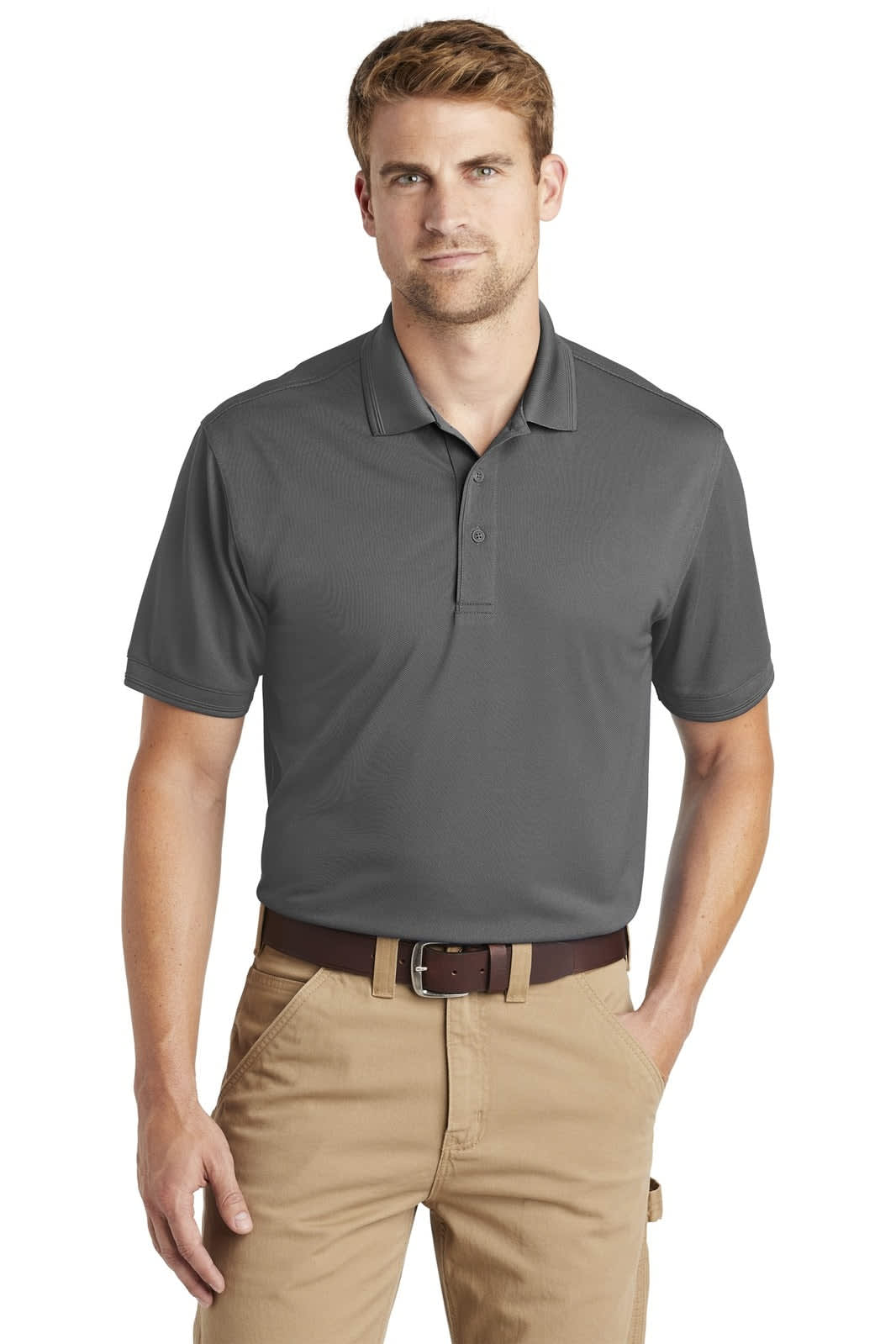 A grey snag-proof polo shirt, featuring a collar and short sleeves, worn by a model with beige pants.