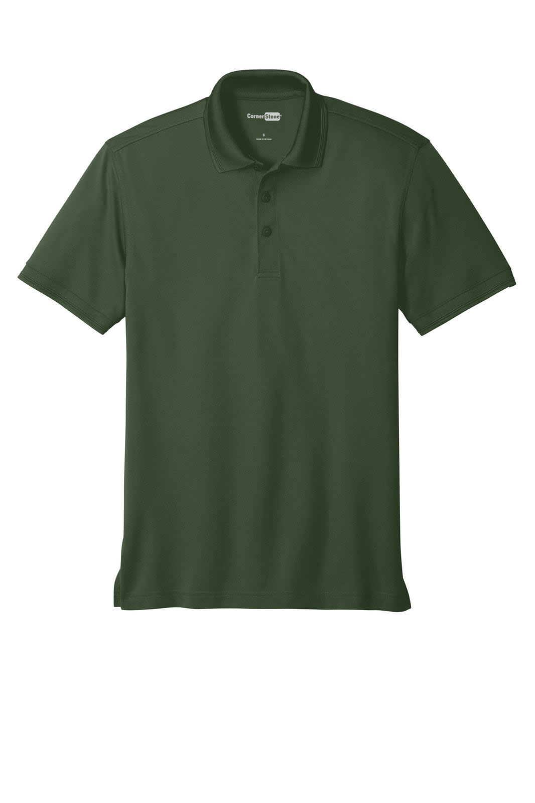A dark green polo shirt with a collar and three buttons, featuring a small logo.