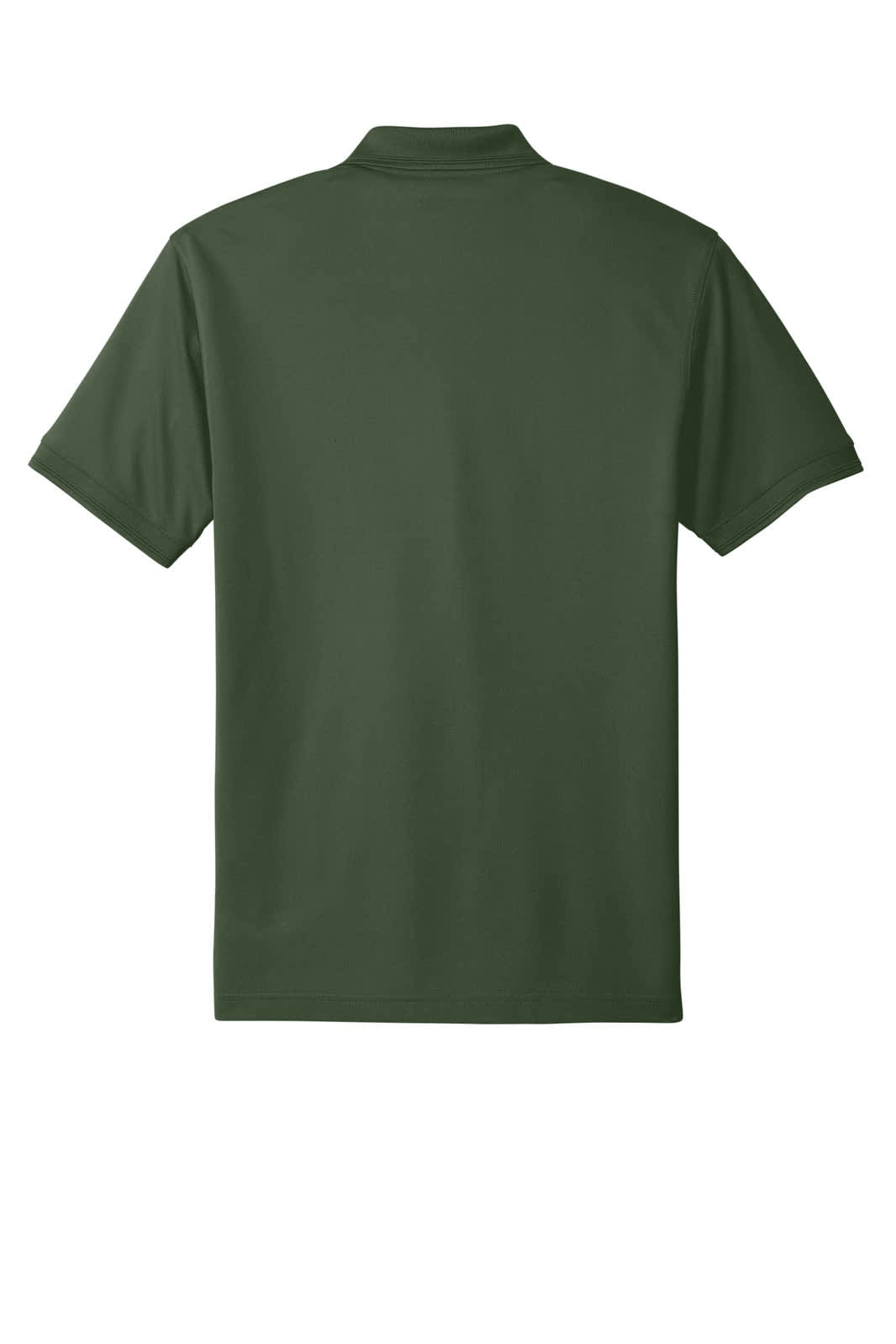 A dark green polo shirt with a collar and short sleeves, featuring a logo on the front.