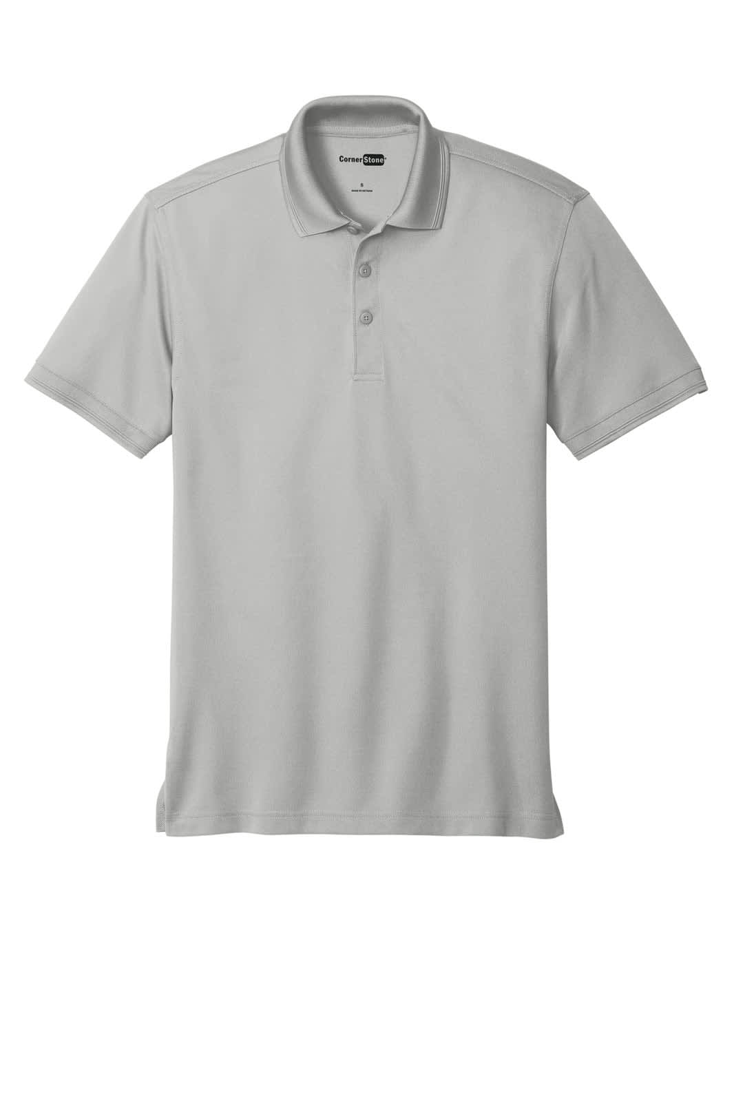 A light grey polo shirt with a collar and three buttons, featuring a logo on the inner label.