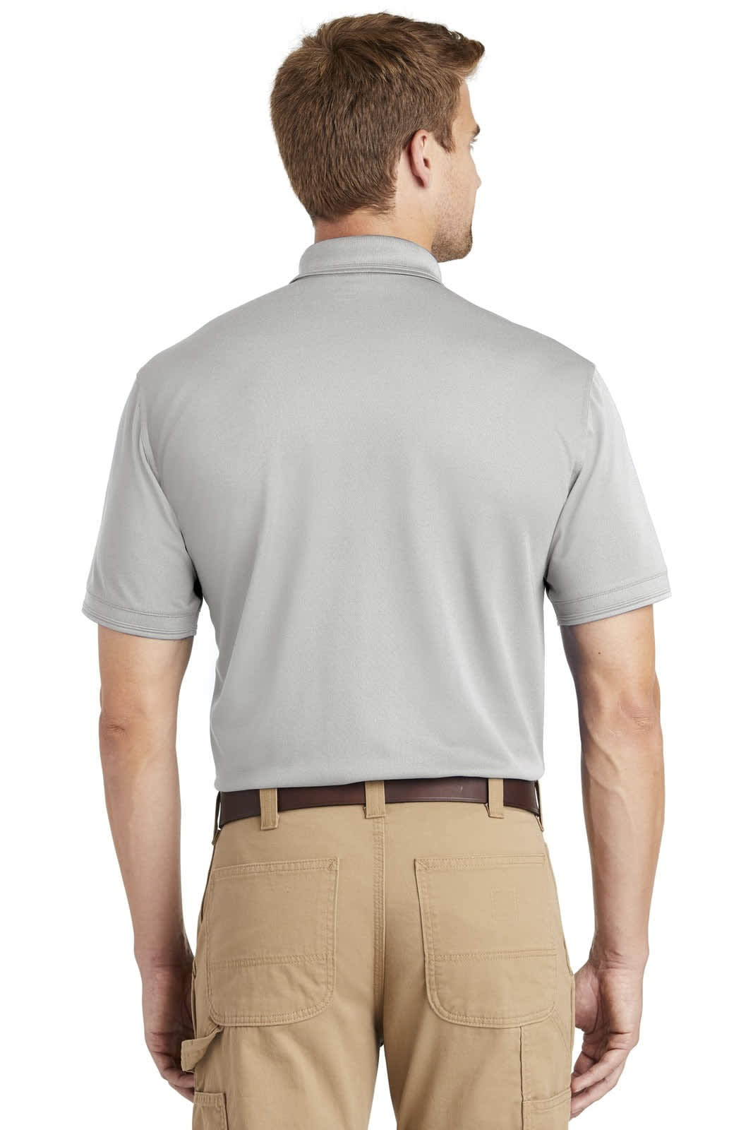 A man wearing a light grey snag-proof pique polo shirt from the back, paired with beige cargo pants.