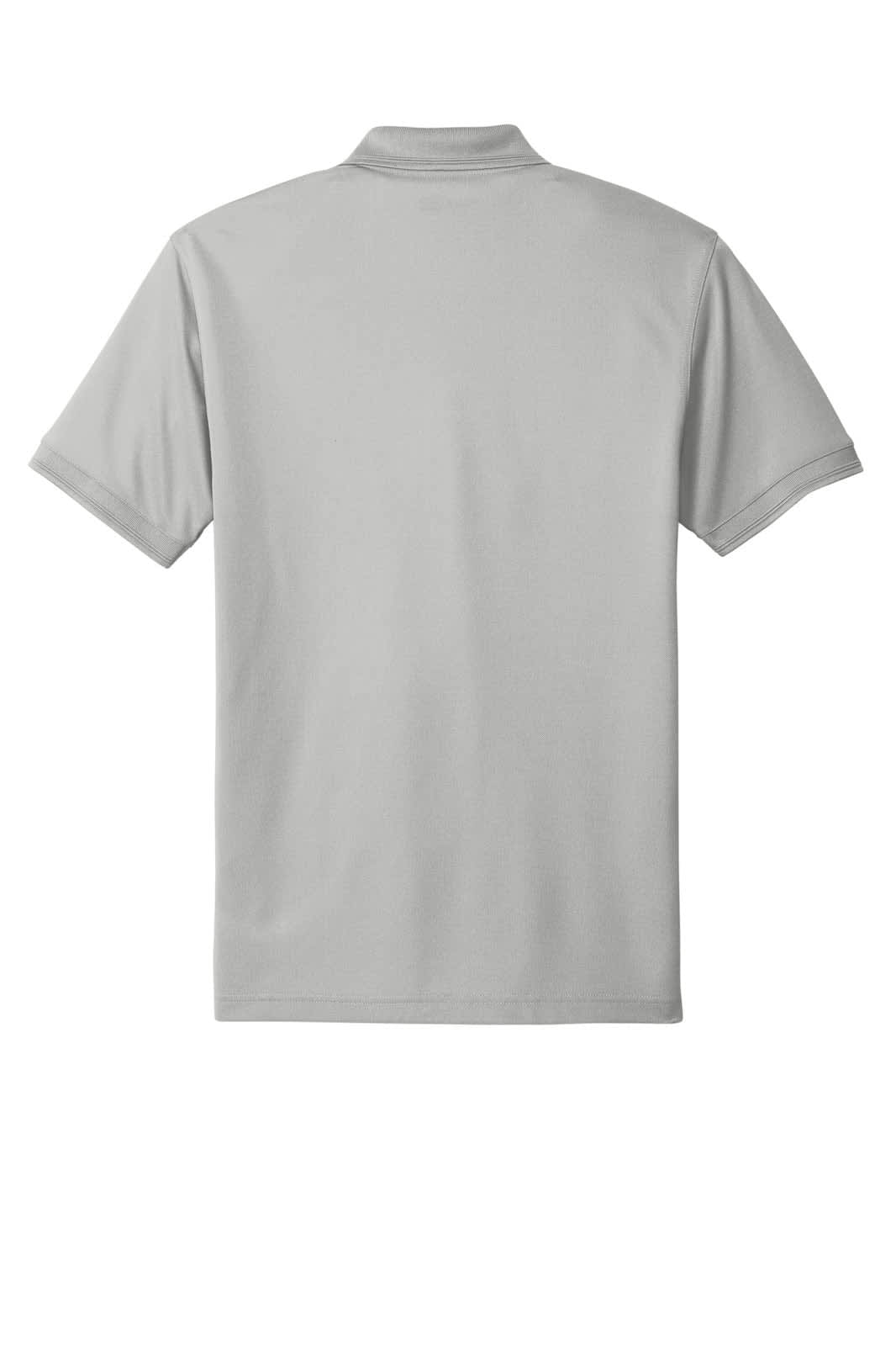 A grey polo shirt with a short sleeve design and a collar. It features a branding logo on the back.