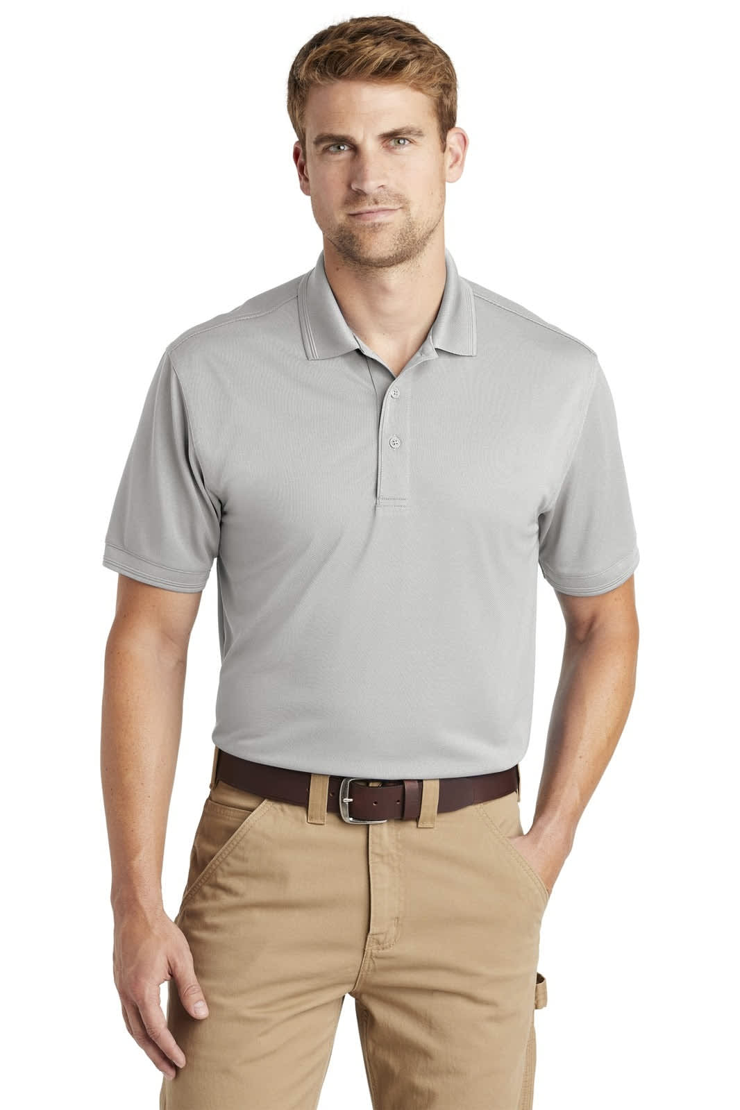 A grey polo shirt with a collar, worn by a model, featuring a logo on the chest.