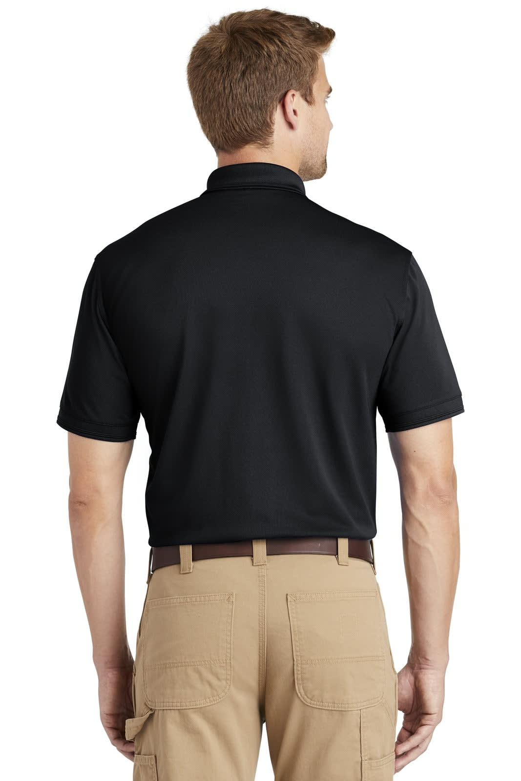 A black polo shirt with a short sleeve and a collar, featuring a logo on the back.